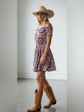 NWT- WRANGLER RETRO - Off-Shoulder 🤠Western Mini Dress in Pink & Teal